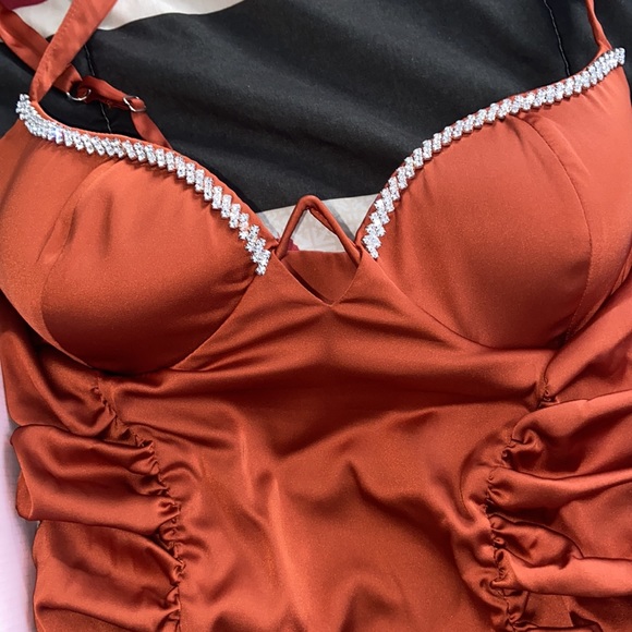 Oh Polly
Catch A Glimpse Embellished Ruched Satin Mini Dress in Bronze. - Picture 2 of 9